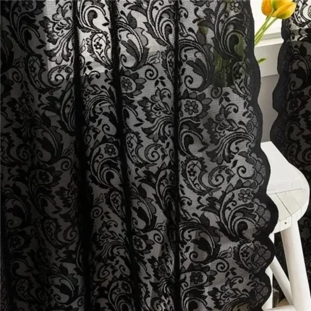 Pack of 2 Black Lace Vintage Floral Sheer Curtain Panels
